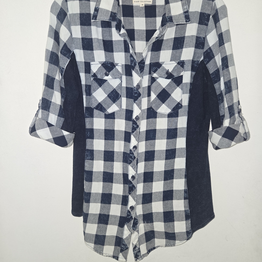Navy and White Plaid Button-Up Shirt